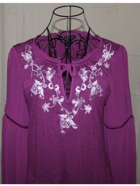 White House Black Market Purple Embroidered Peasant Blouse Top Oversize XS
